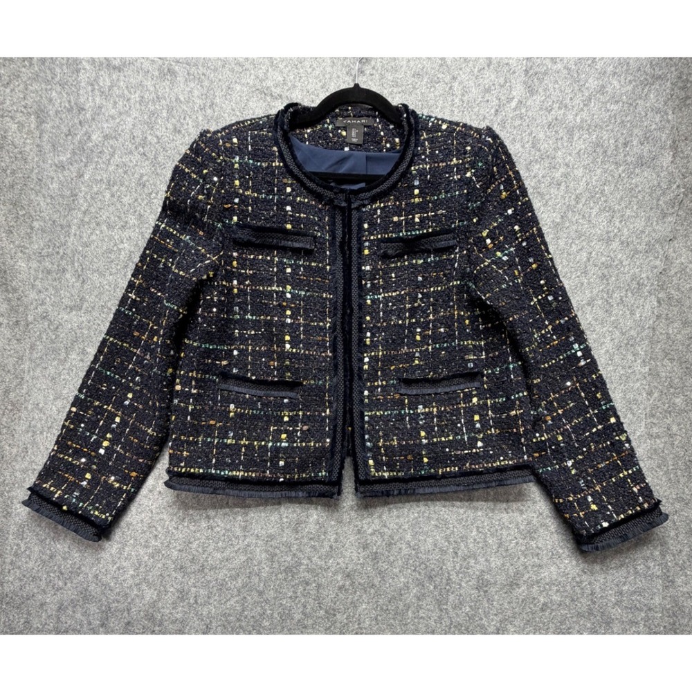 Tahari Navy Color Metallic Tweed Sequin Fringe Blazer Jacket Womens Large Career